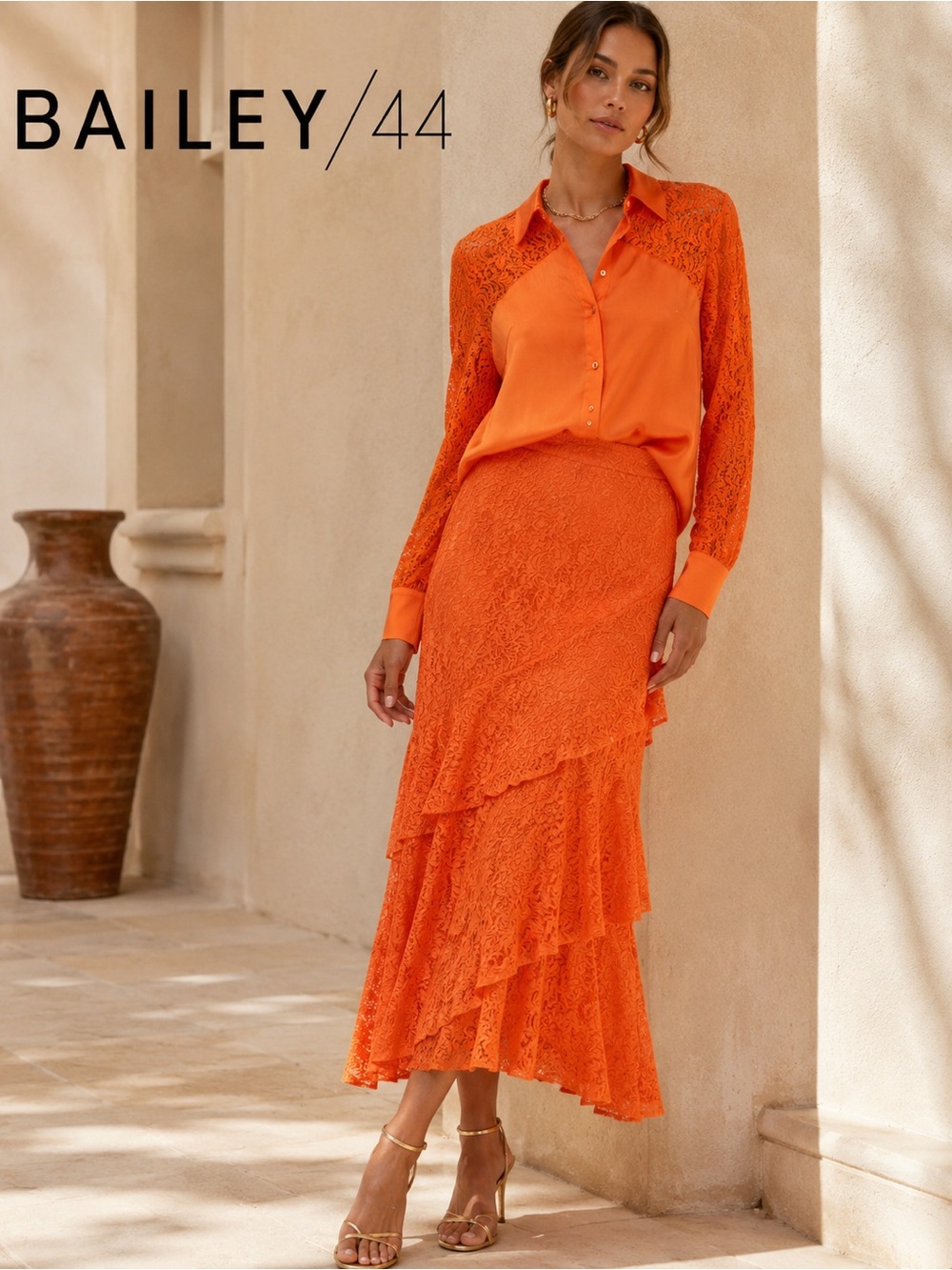 NWT Bailey 44 Kiki Tangerine Lace Satin Blouse & Lace Maxi Skirt Set Size Small